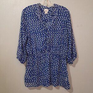 Mossimo Sheer V Neck Tunic Top Blue White Birds Elastic Waist Balloon Sleeve XXL